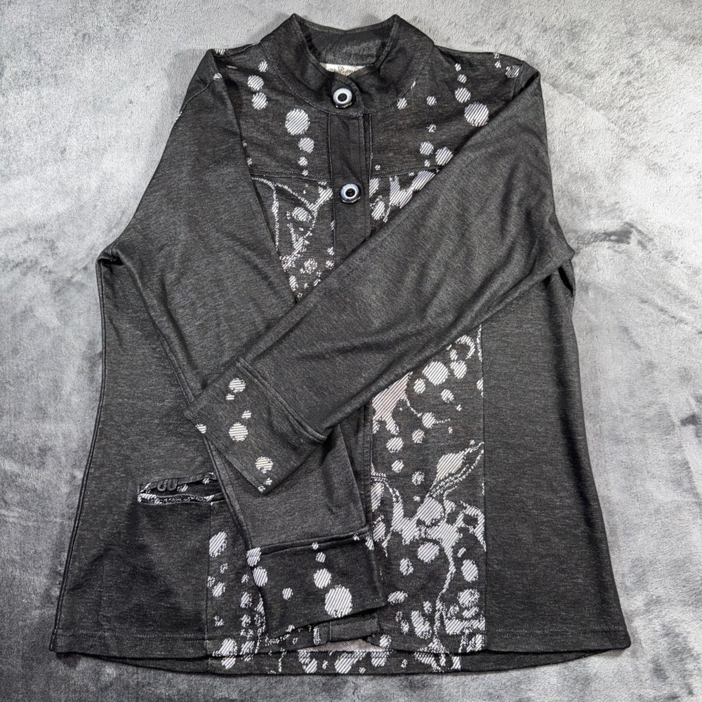 Parsley & Sage Womens Large Gray Abstract Dot Floral Mock Neck Button Front Top